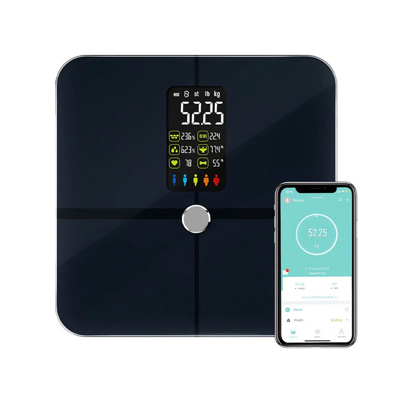 MediWares Smart Body Weight Scale with Composition Monitor, a piece of diagnostic equipment with a digital display and four sensor pads, alongside a smartphone showing a health app interface, and a USB charging cable.