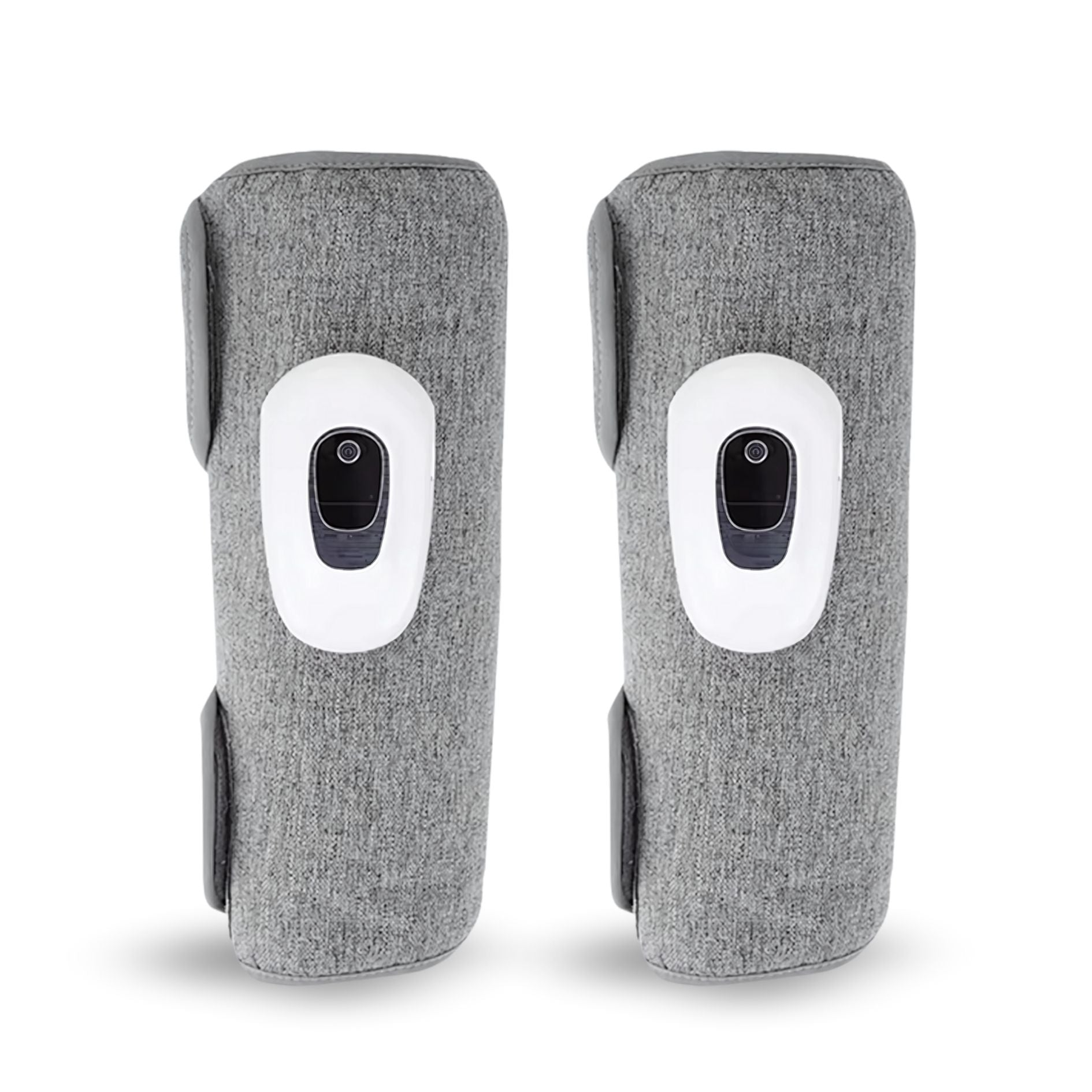 Pair of grey air compression massagers with control panels shown from the front