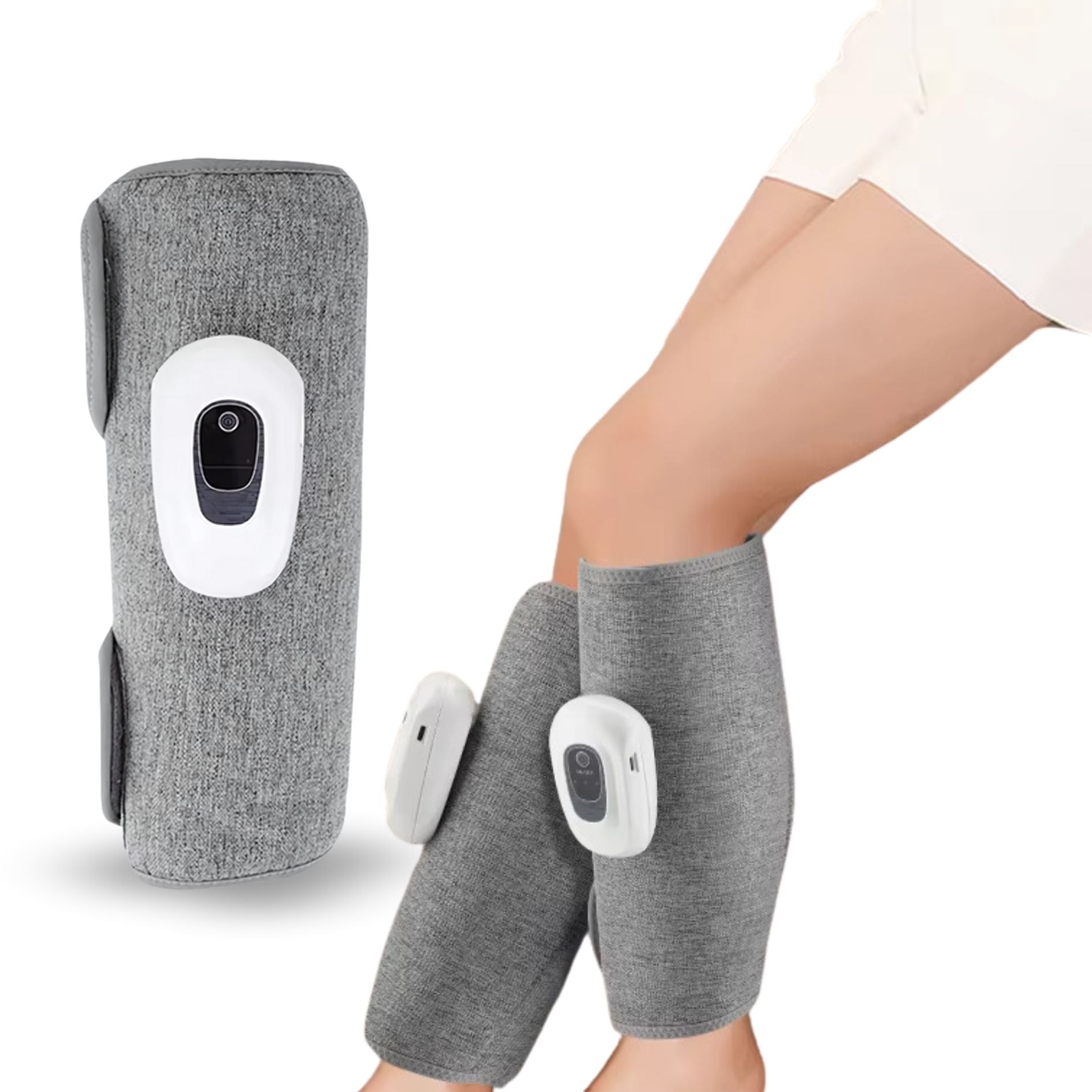 Air compression massagers worn on calves, shown in use with one unit displayed separately