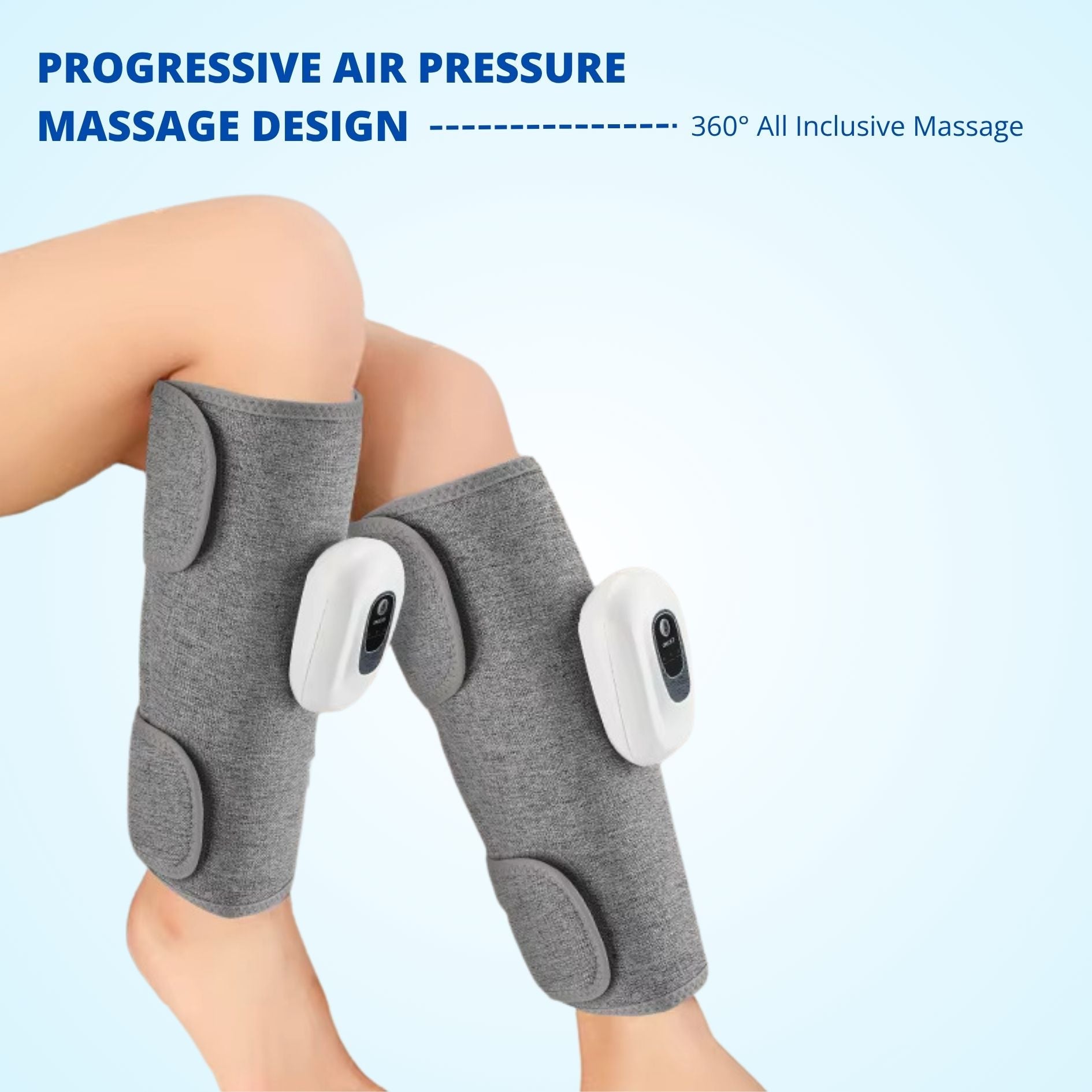 Person wearing calf massagers while seated, showing full coverage air pressure design