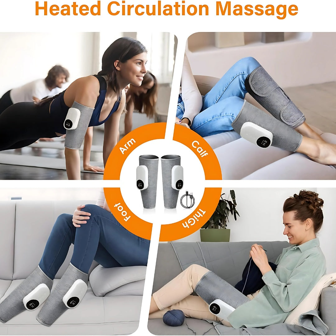 Various uses of leg massager shown on arm, calf, foot, and thigh in lifestyle settings