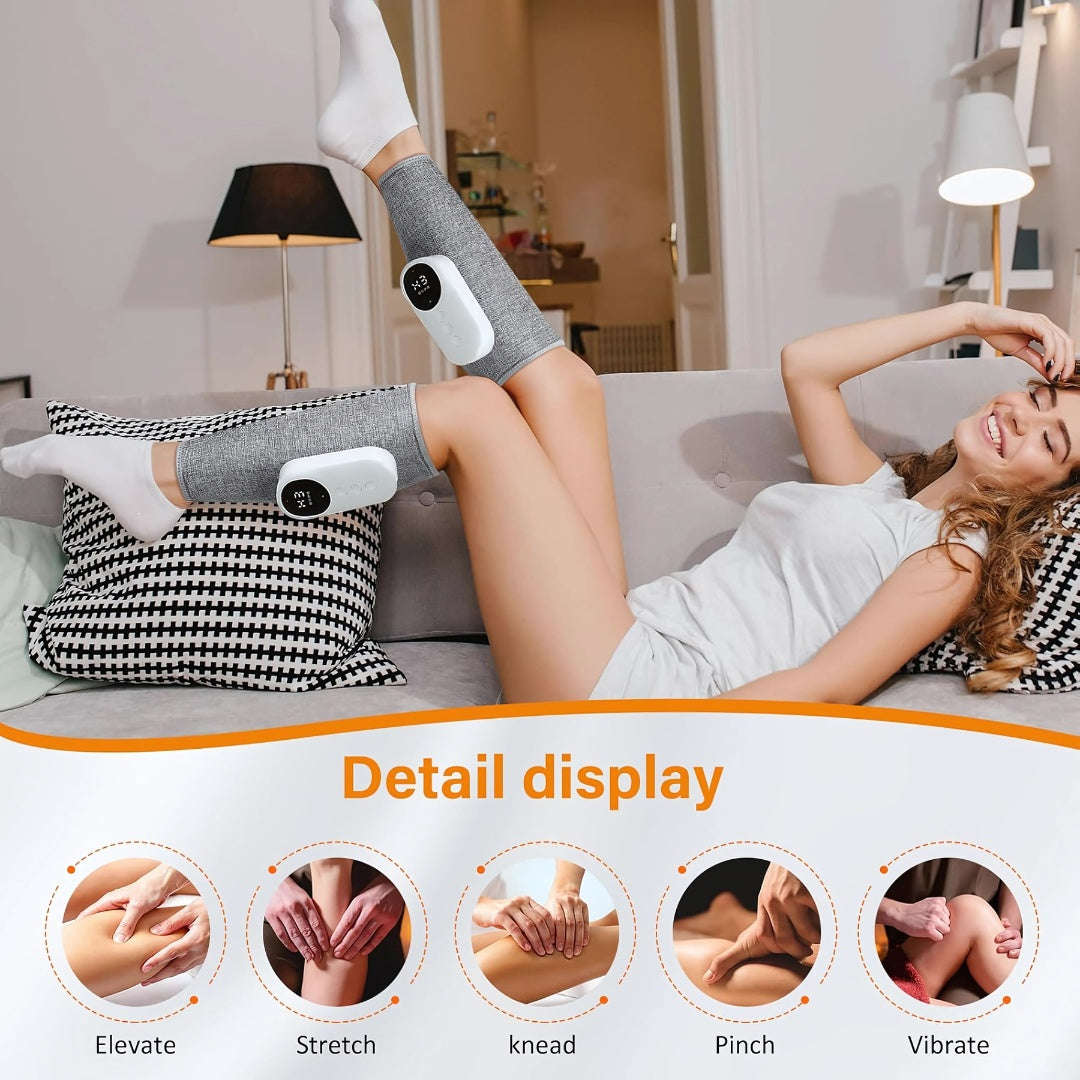 Woman lying on sofa wearing leg massagers on calves with illustrated massage techniques below