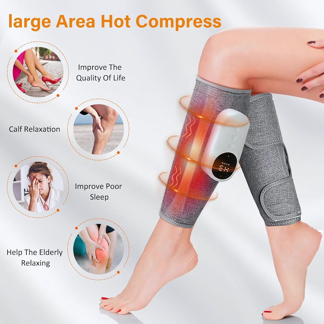 Calf massager shown with heat compression graphic and wellness benefits like sleep and relaxation