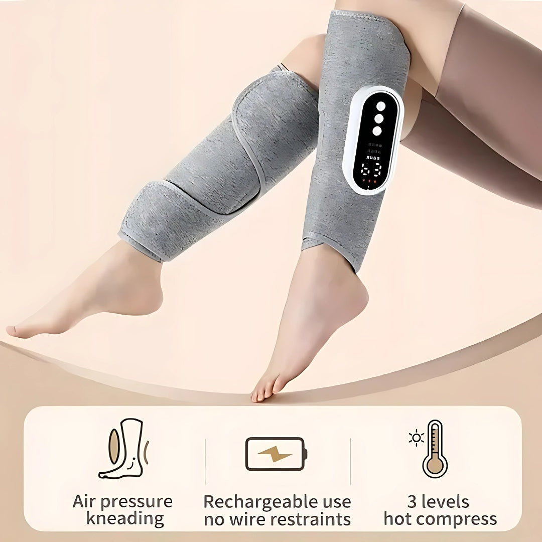 Rechargeable leg massagers displayed on user’s calves with icons for air pressure and heat levels