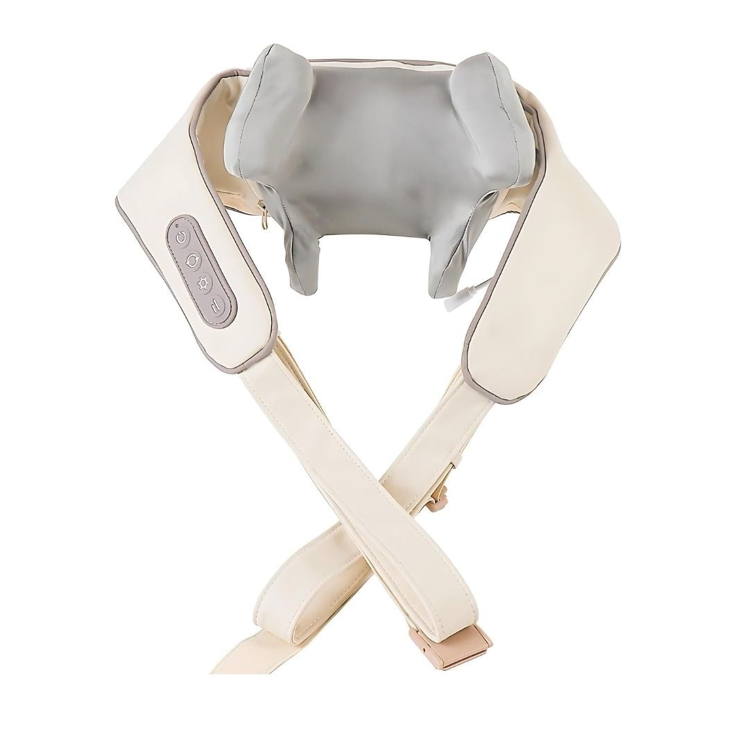 Beige neck and shoulder massager with grey inner padding and side buttons