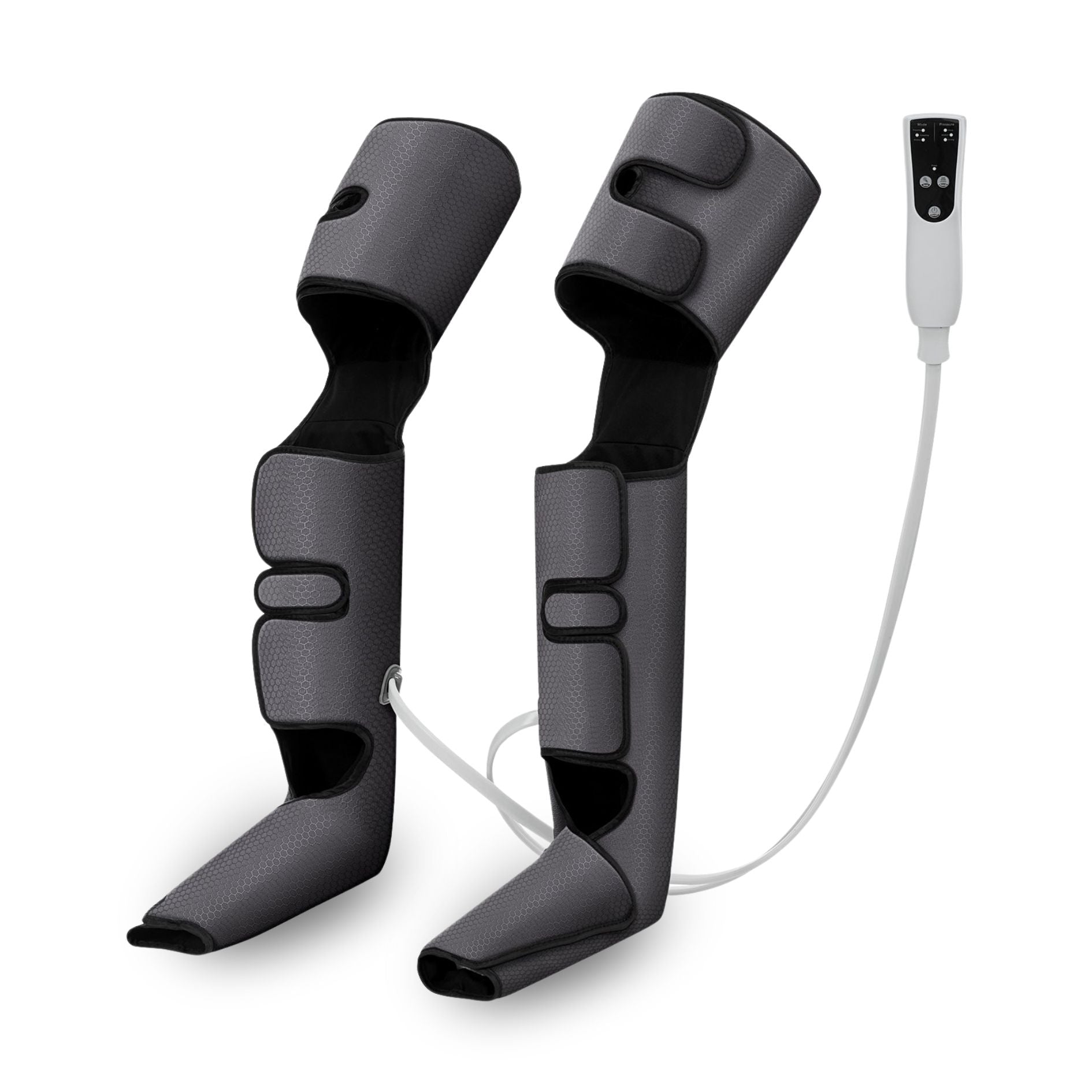 Full leg massager angled view showing open wrap design with connected remote control