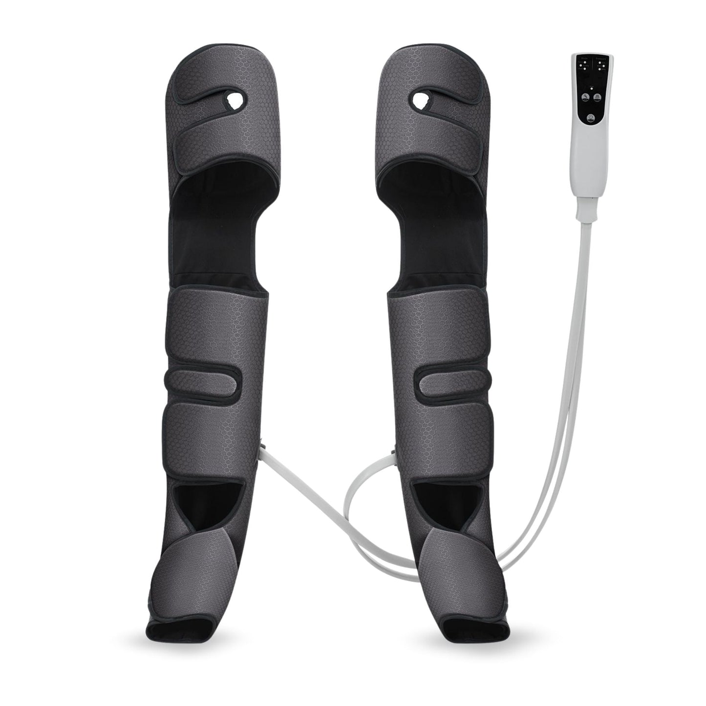 Front view of full leg massager pair with Velcro closures and attached remote control