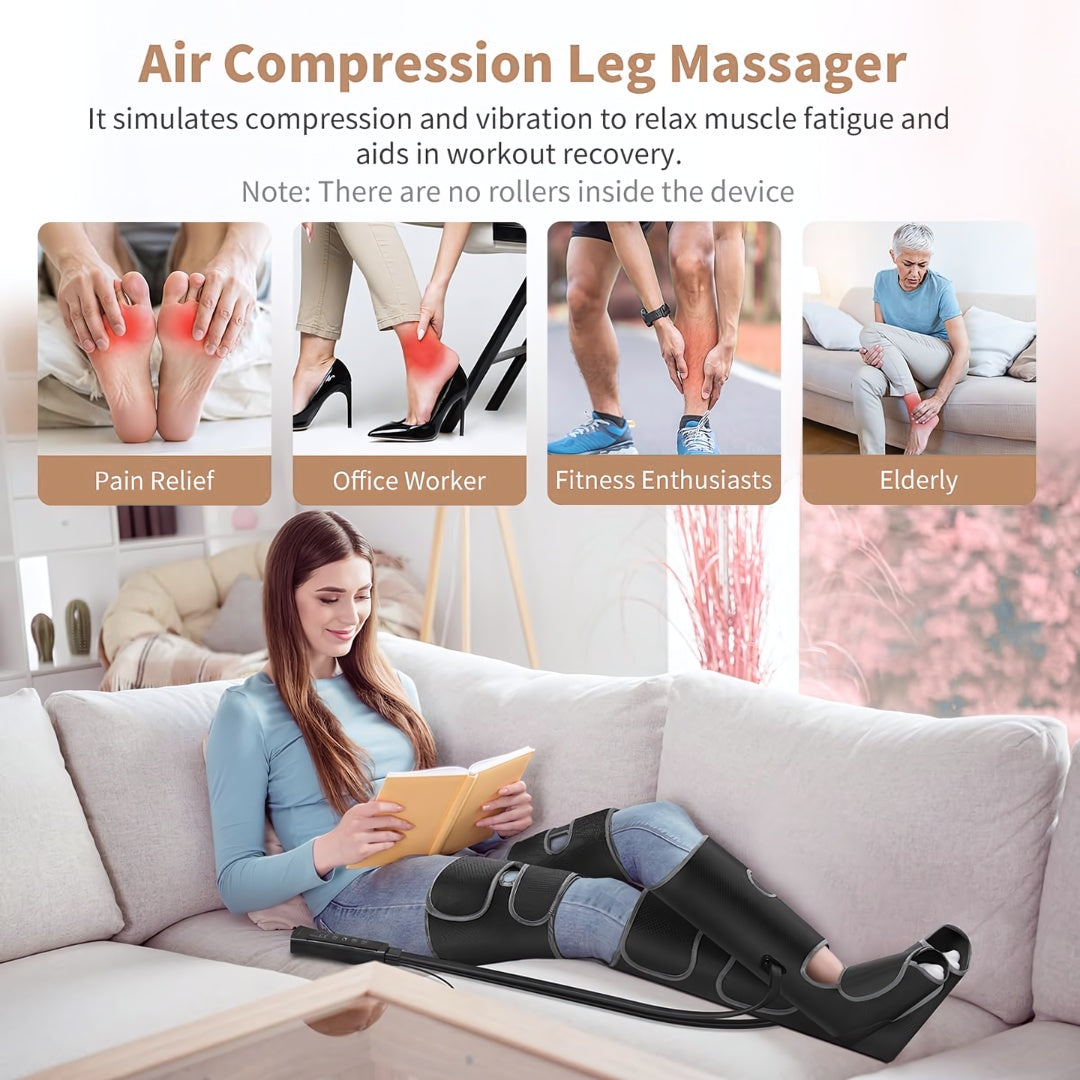 Woman using Air Compression Leg Massager while sitting on couch reading a book