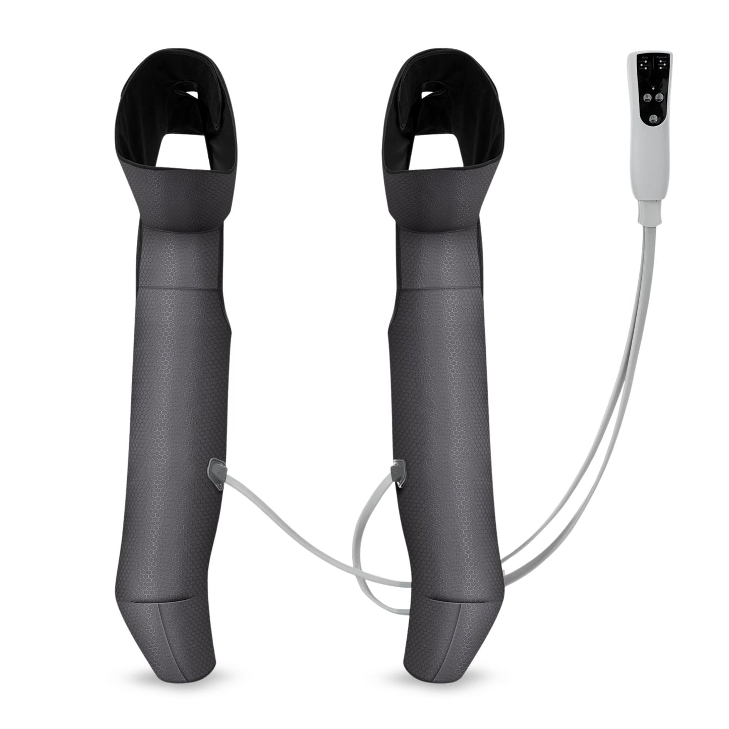 Rear view of full leg massager showing smooth exterior and tubing connections