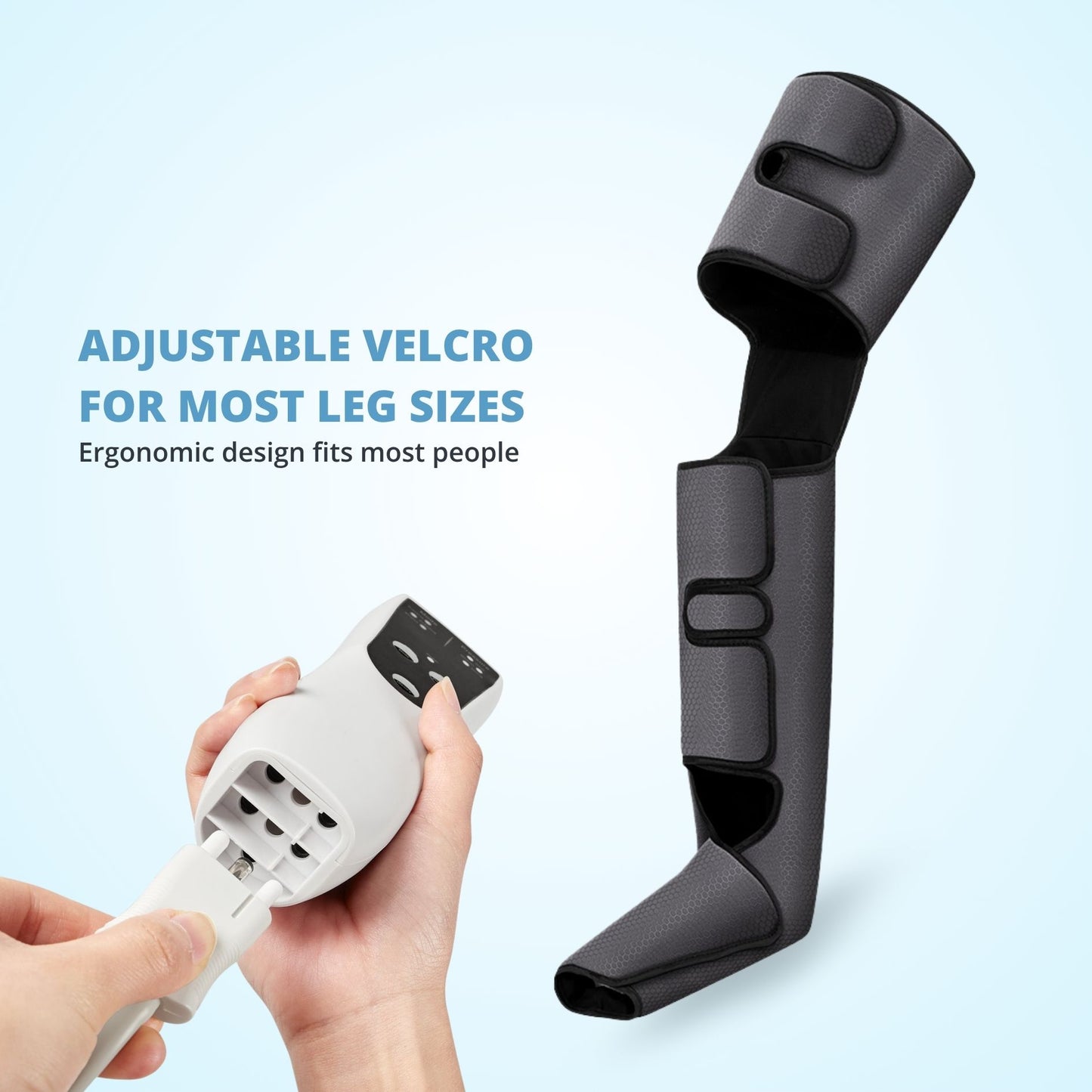 Full leg massager with hand plugging cord into remote, highlighting adjustable Velcro