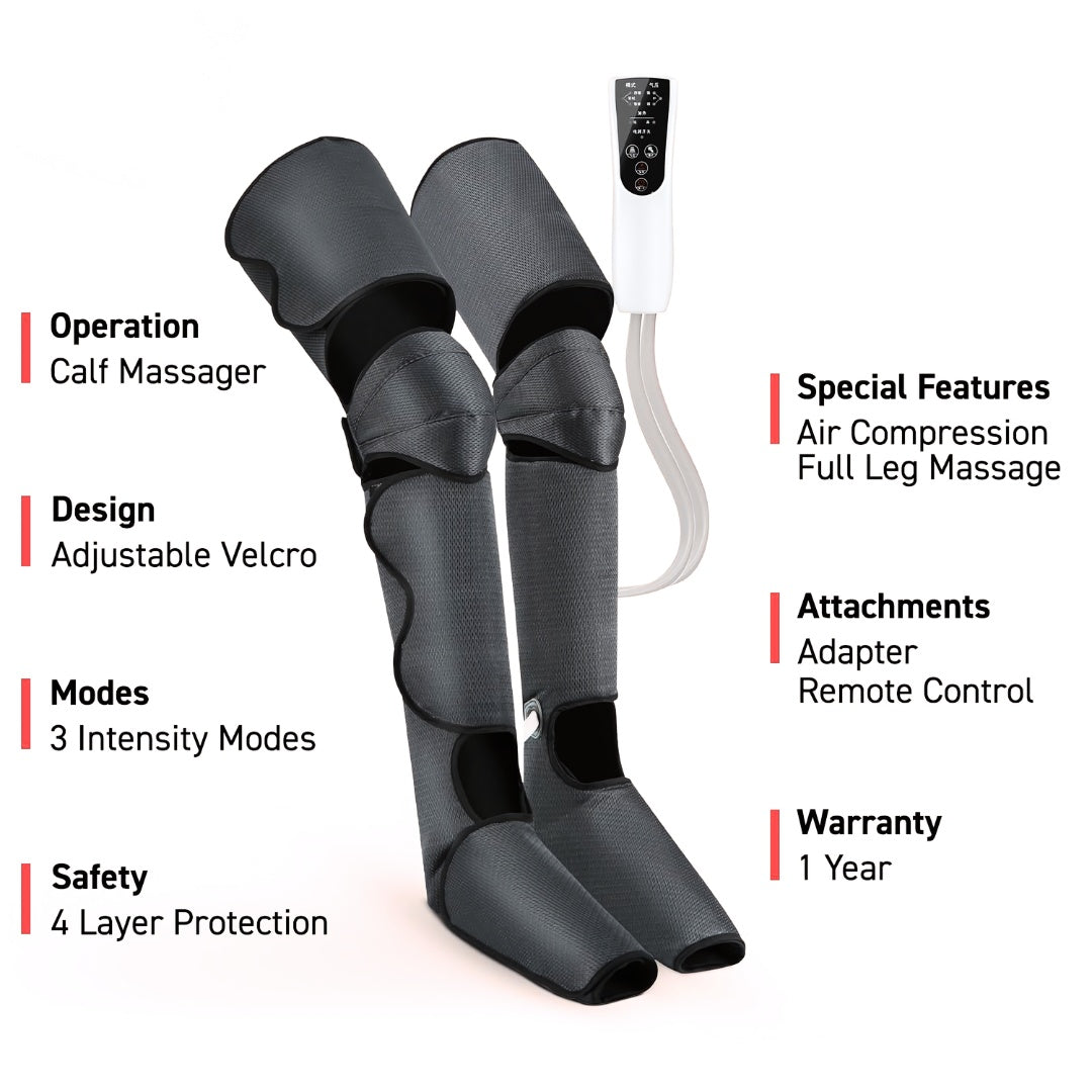 leg massager with remote and labels highlighting features like velcro design and 3 modes