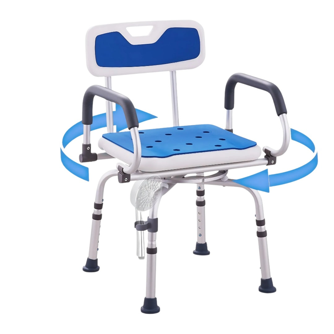 Blue and white adjustable shower chair with backrest on a white background
