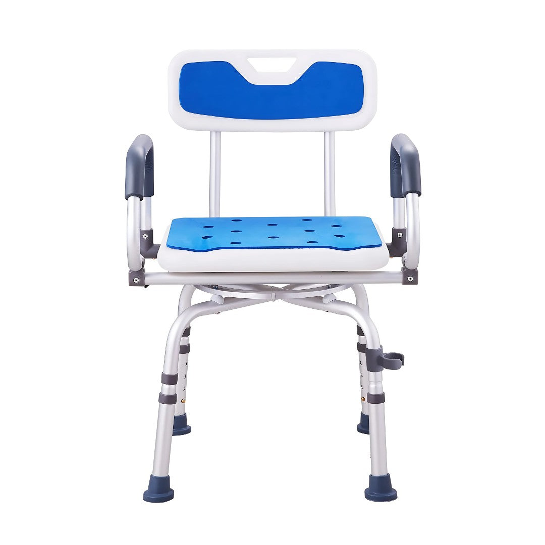 Front view of the adjustable shower chair with blue cushioned seat, armrests, and supportive backrest.