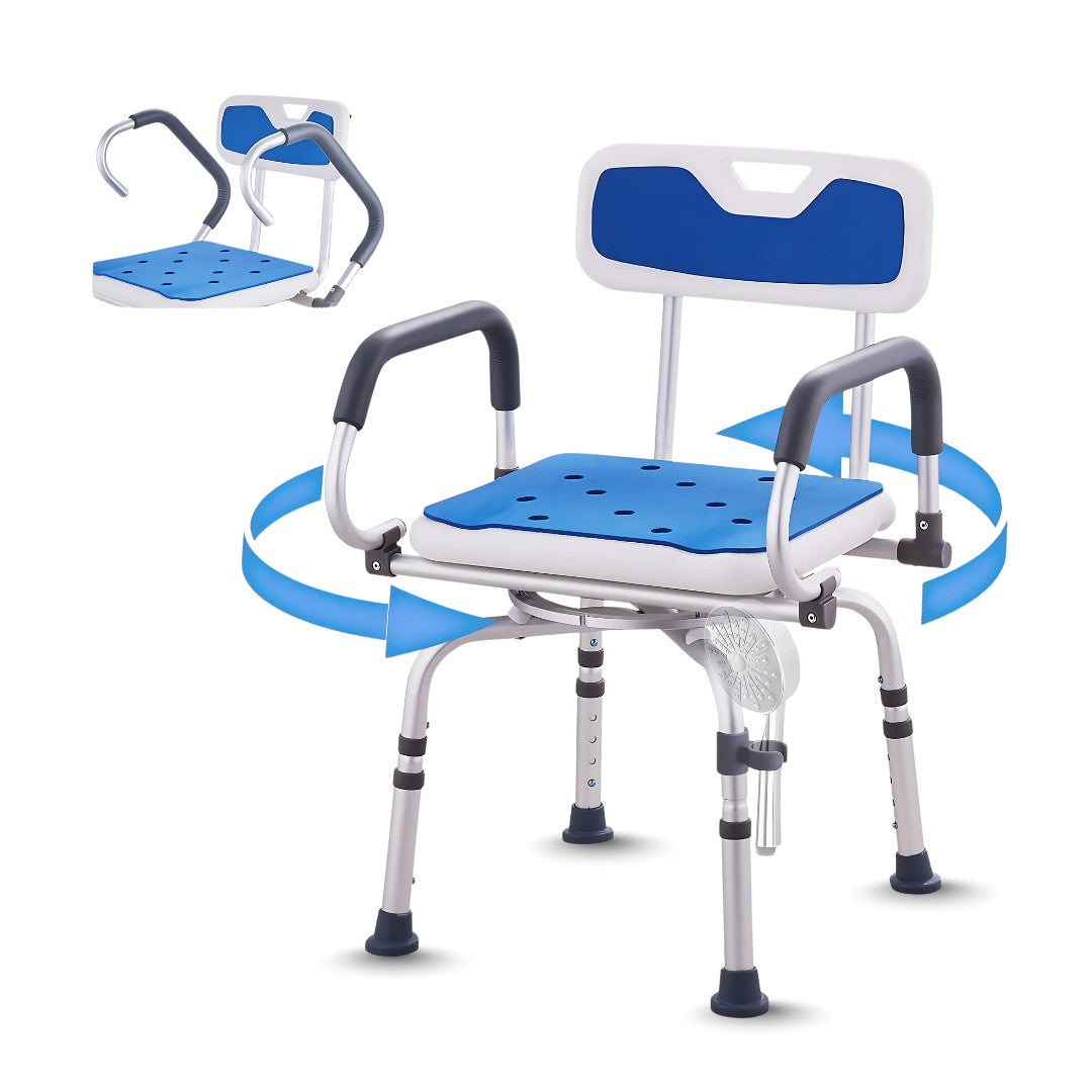 Adjustable rotating shower chair with padded seat and armrests, showing 360° swivel function.
