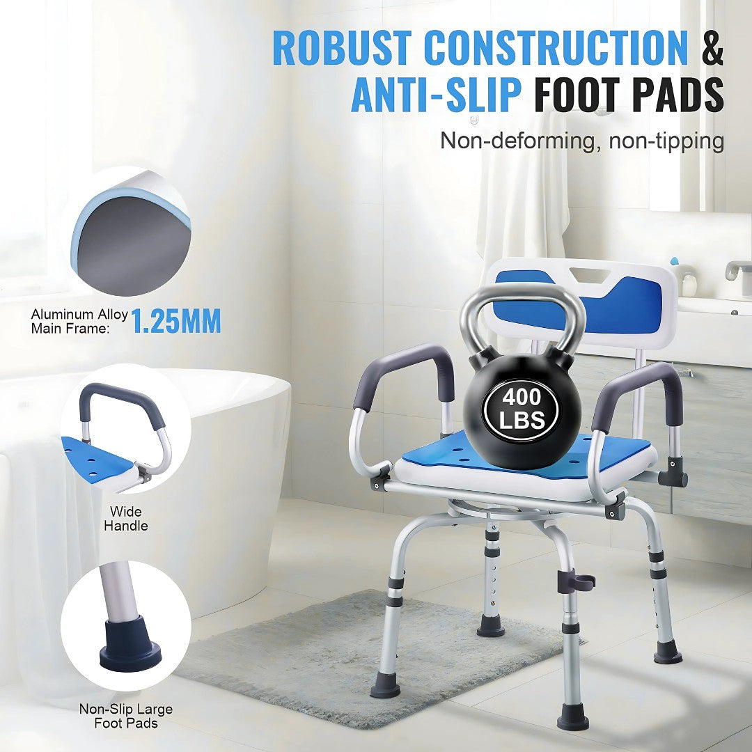 Shower chair in bathroom with labels highlighting 400 lb capacity, wide handles, and non-slip foot pads.