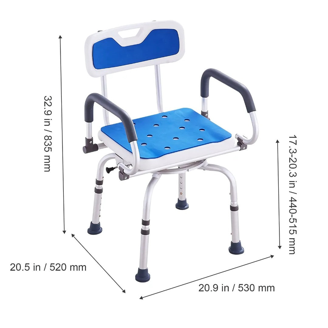 Shower chair dimensions shown with height, width, and depth measurements in inches and millimeters.