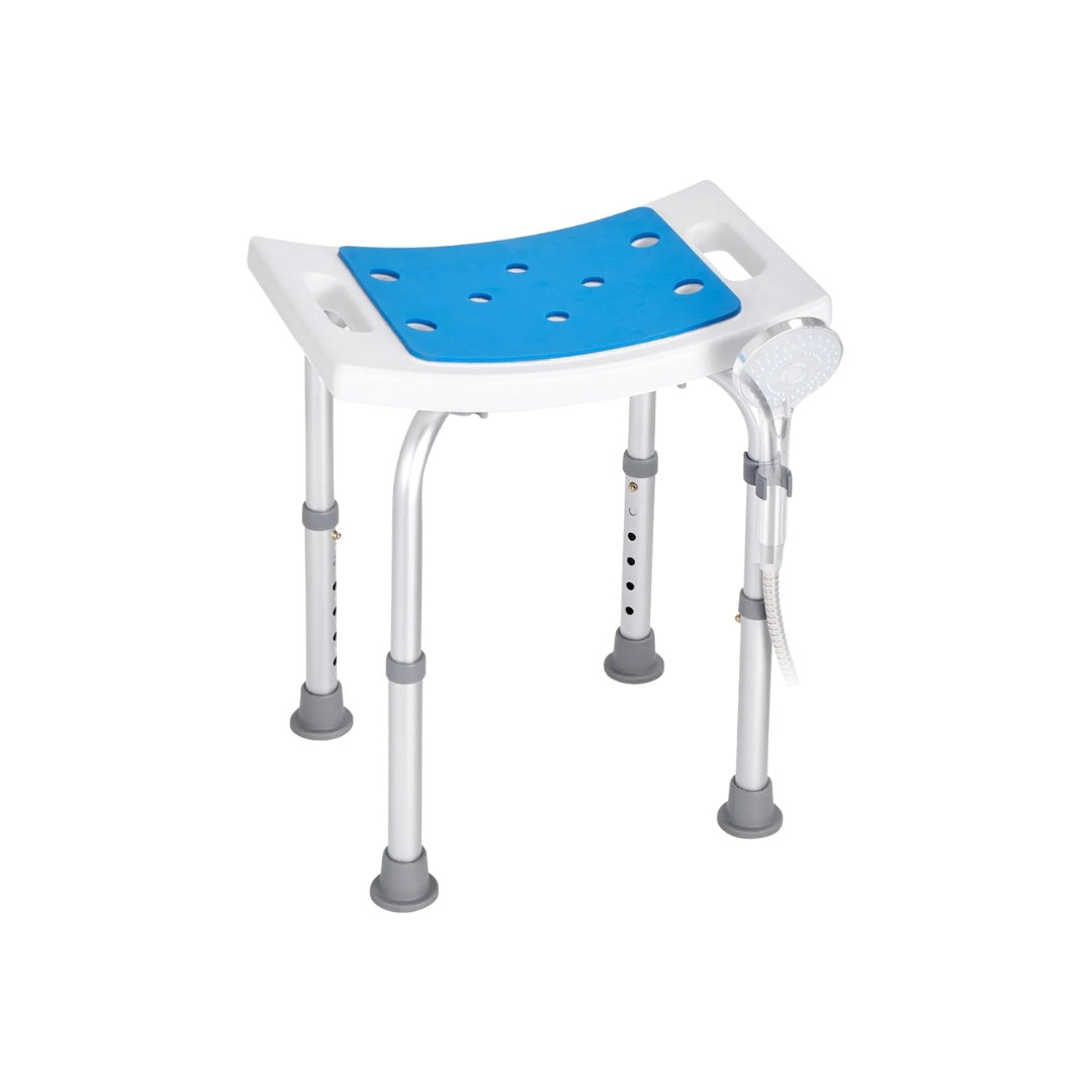 Adjustable shower stool with a blue seat on a white background