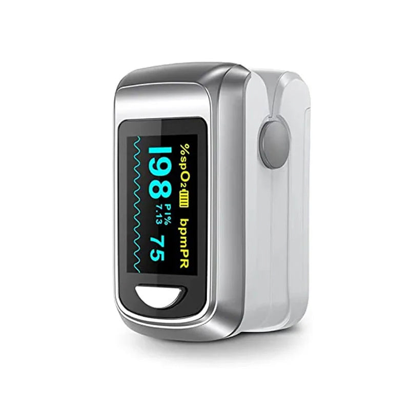 A digital MediWares Pulse Oximeter with a white casing displaying readings of blood oxygen saturation at 99% and pulse rate at 77 bpm on its screen against a white background.
