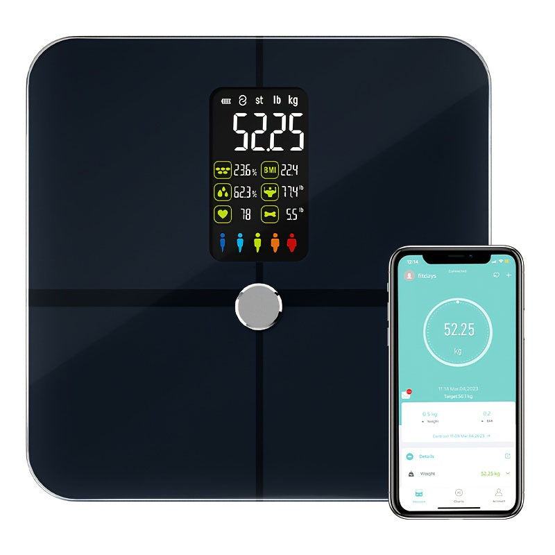 A modern digital MediWares Body Weight Scale with BMI displaying weight readings in kg, BMI, body water percentage, muscle mass, and bone mass, paired with a smartphone showing a health tracking app.