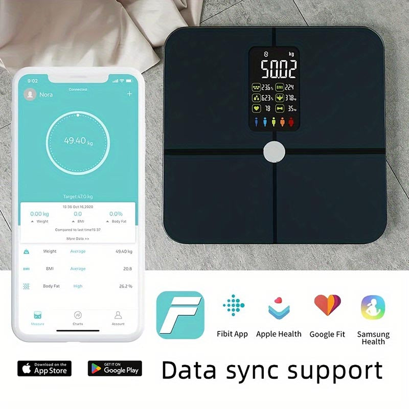 An image of a digital body composition scale displaying weight and body parameters, alongside a mobile app interface showing health data. Logos of compatible apps like Fitbit, Google Fit, and MediWares are