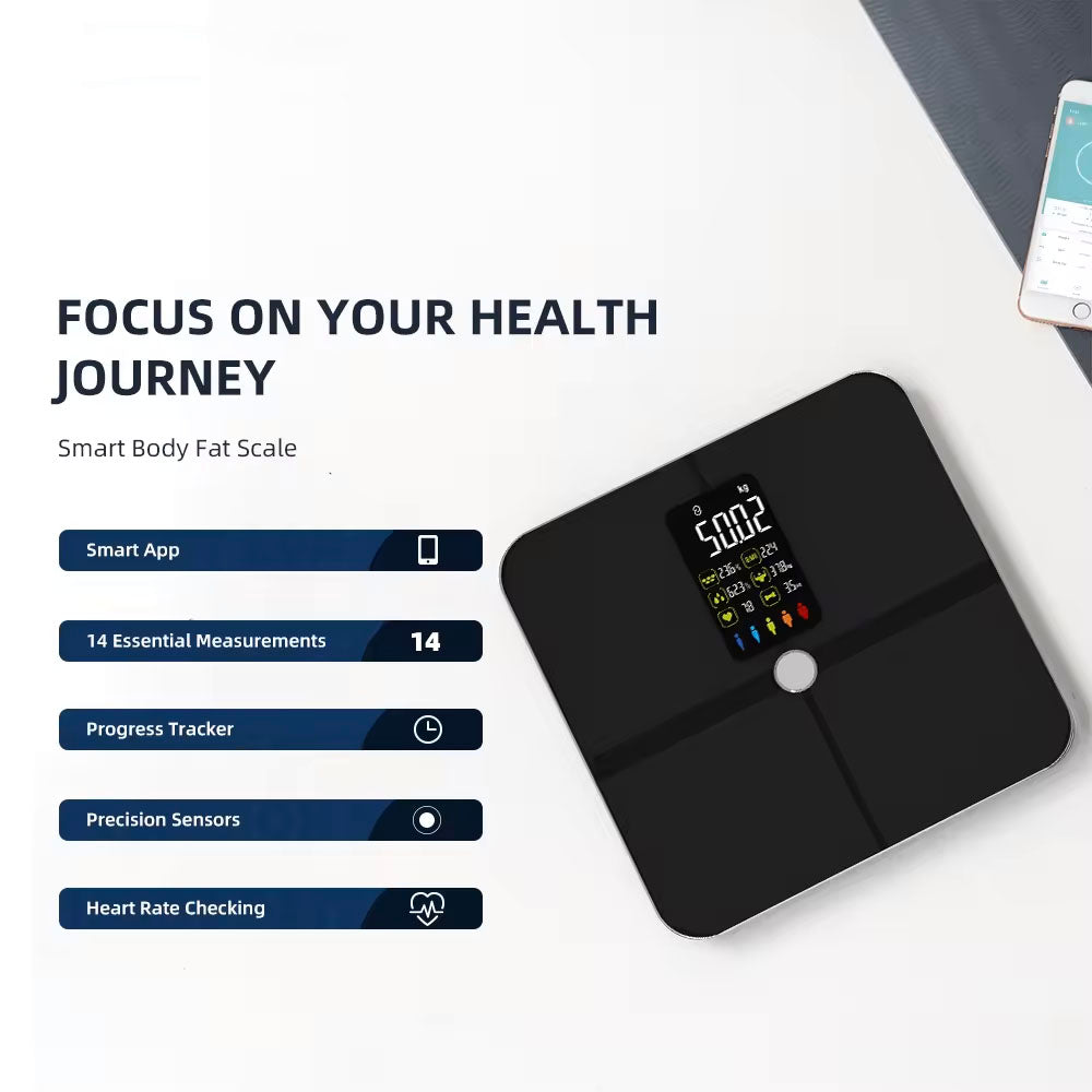 A MediWares digital body fat scale displaying "50.02" in green numbers atop a dark surface, accompanied by text, "focus on your health journey" and icons for features like smart app