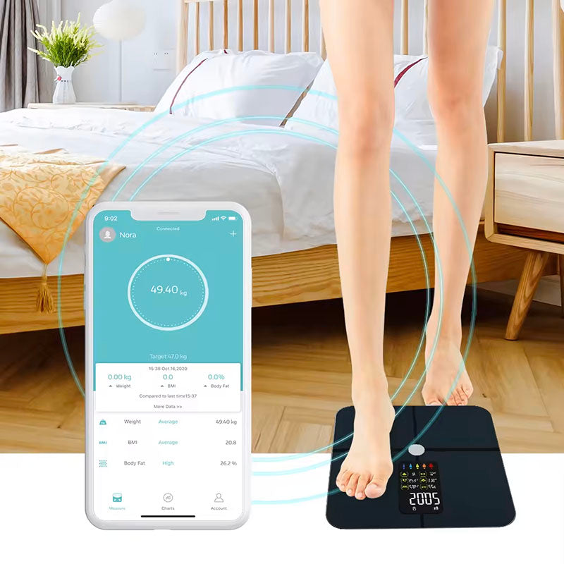 A person stepping on a MediWares smart digital scale, which displays their weight. The scale is connected to a mobile app that shows detailed body composition metrics. The background features a bright, well-de