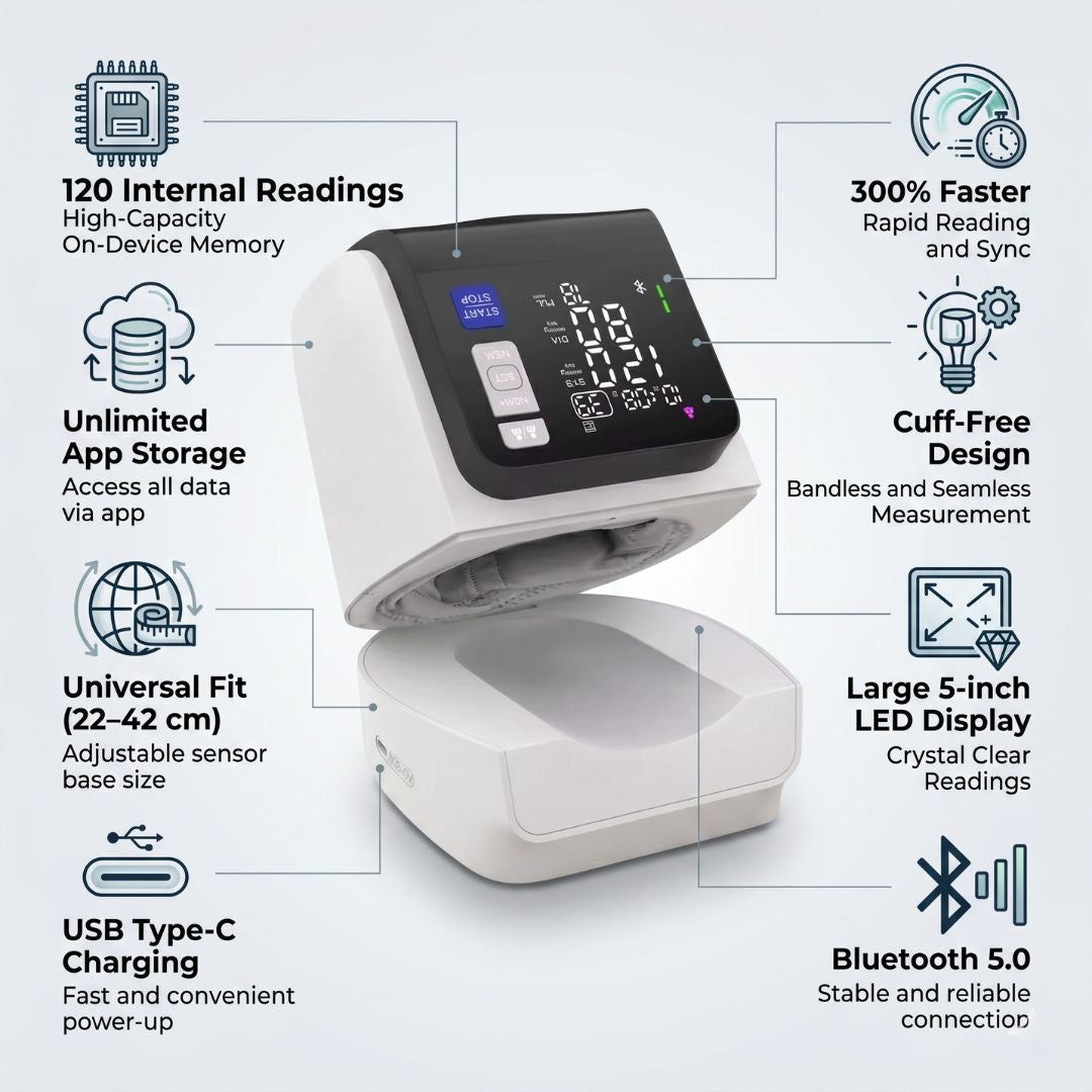Mediwares Automatic Bandless Upper Arm BP Monitor – Smart Large LED Display, Accurate Readings at Home, Bluetooth App Tracking