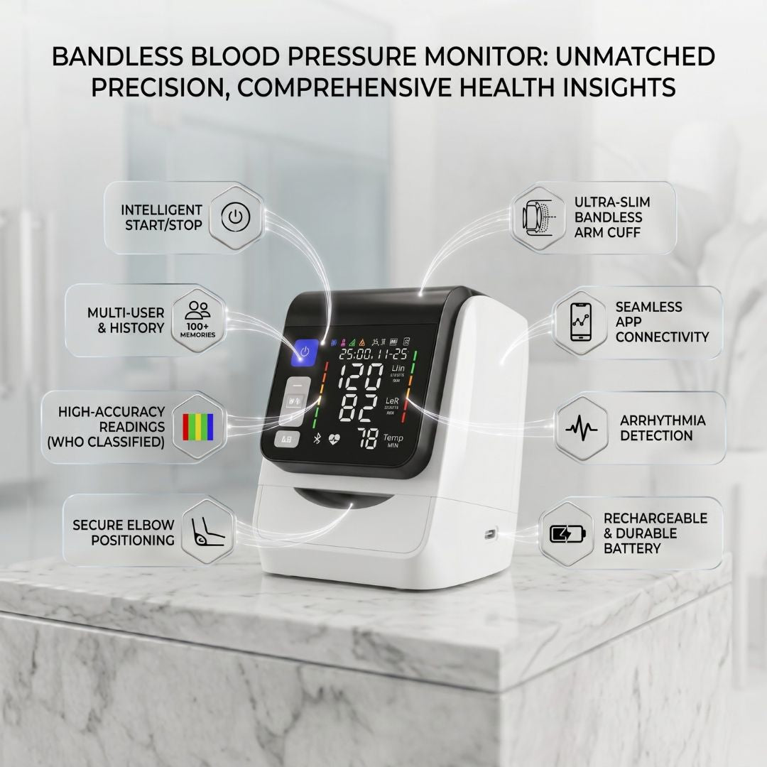 Mediwares Automatic Bandless Upper Arm BP Monitor – Smart Large LED Display, Accurate Readings at Home, Bluetooth App Tracking