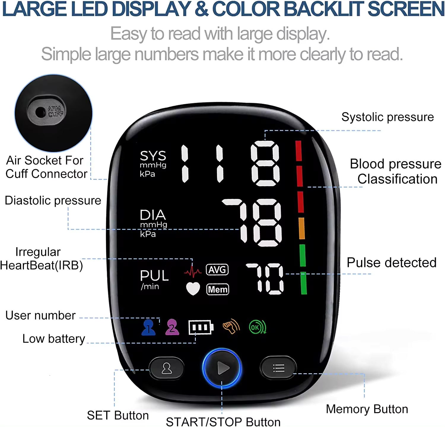 CONTEC Digital Blood Pressure Monitor – Upper Arm Cuff, LED Display, FDA Approved, Heart Rate & Pulse Check