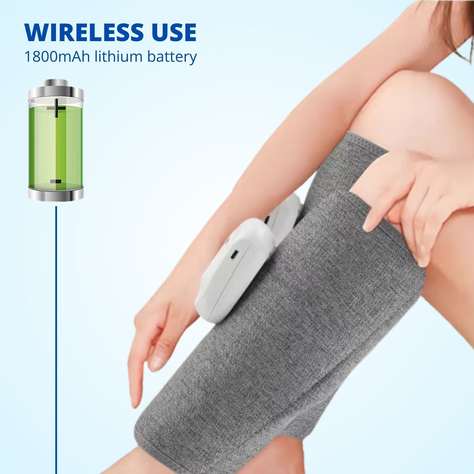 Close-up of woman wearing calf massager with wireless use and battery indicator