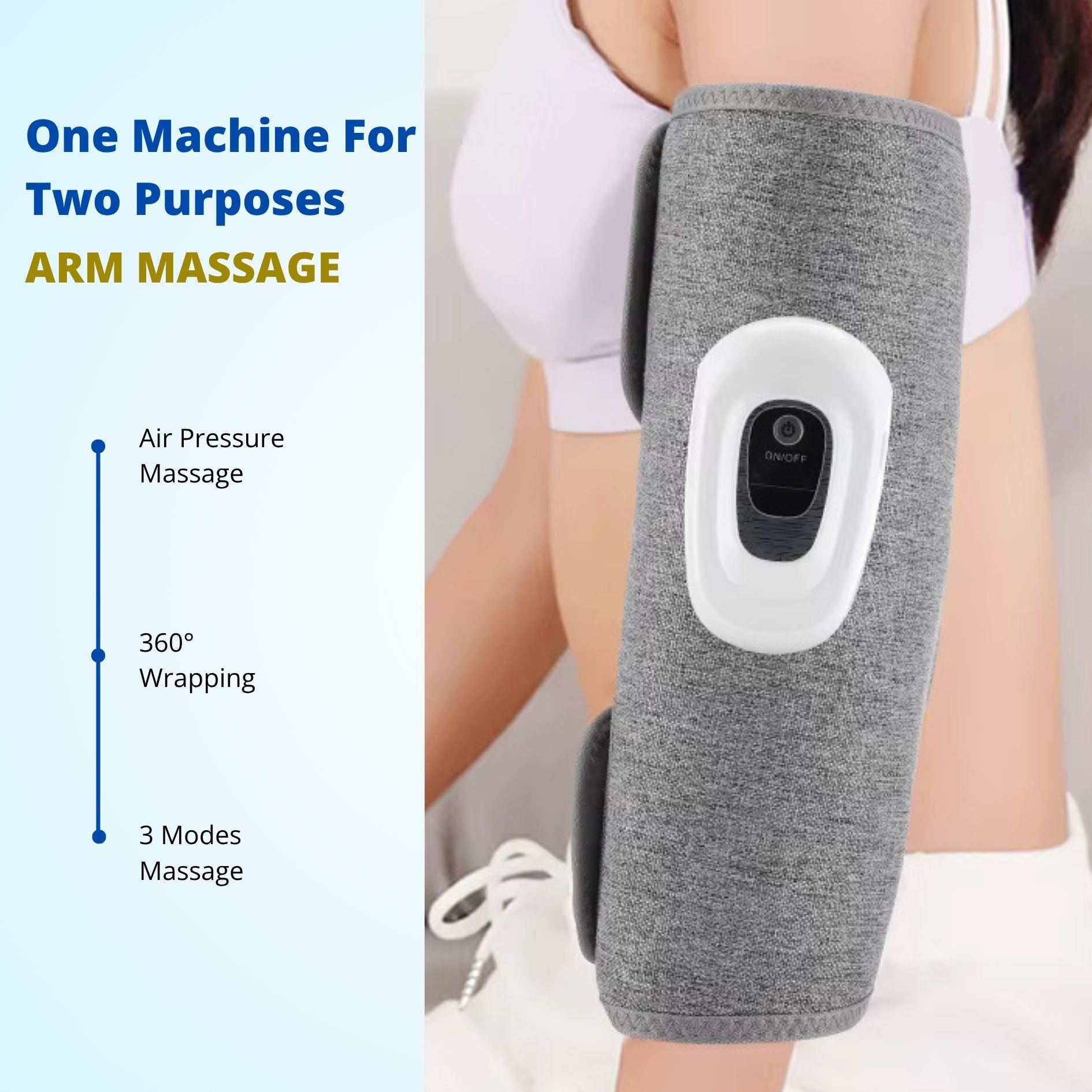Grey compression massager worn on arm, highlighting multifunctional arm massage use