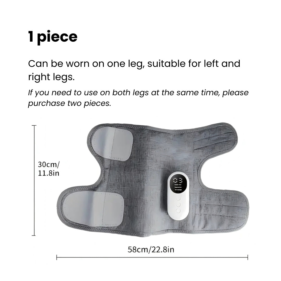 Unfolded wireless leg massager displayed flat with dimensions labeled in centimeters and inches