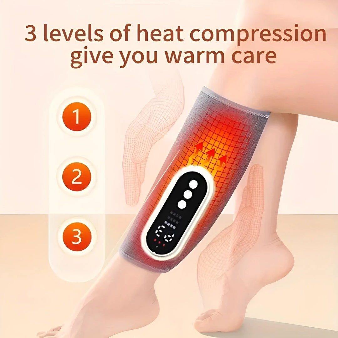 Calf massager shown with glowing heat levels 1 to 3 and temperature grid effect overlay