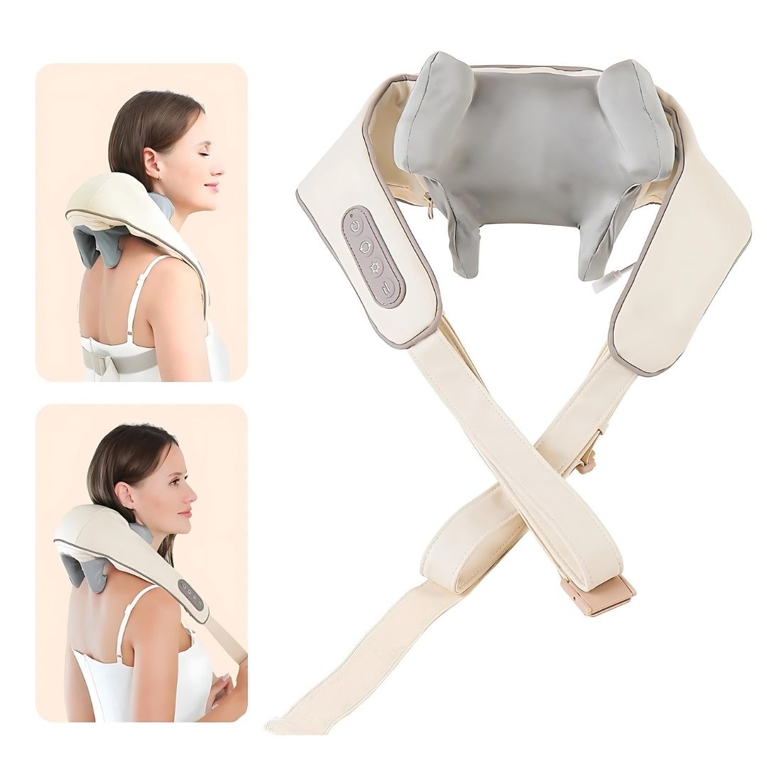 Woman using neck and shoulder massager on upper back with close-up product view