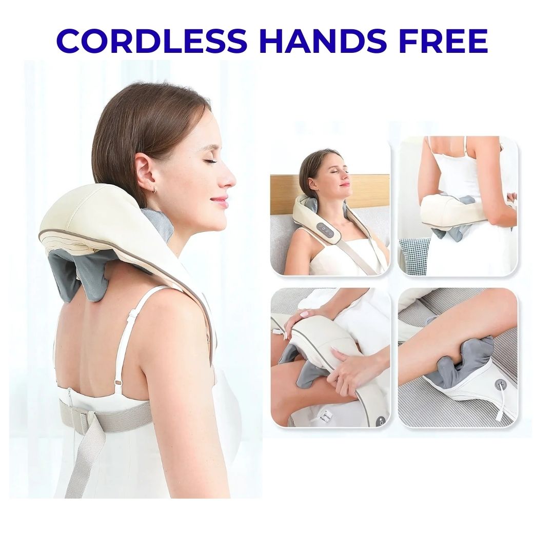 Cordless neck and shoulder massager shown in use on neck, back, arms, and legs
