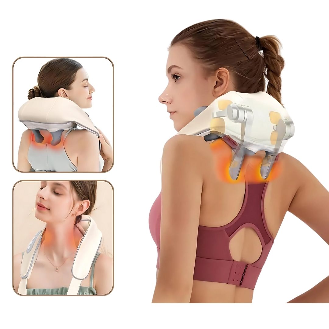 Heated neck and shoulder massager illustration highlighting massage rollers on woman’s back