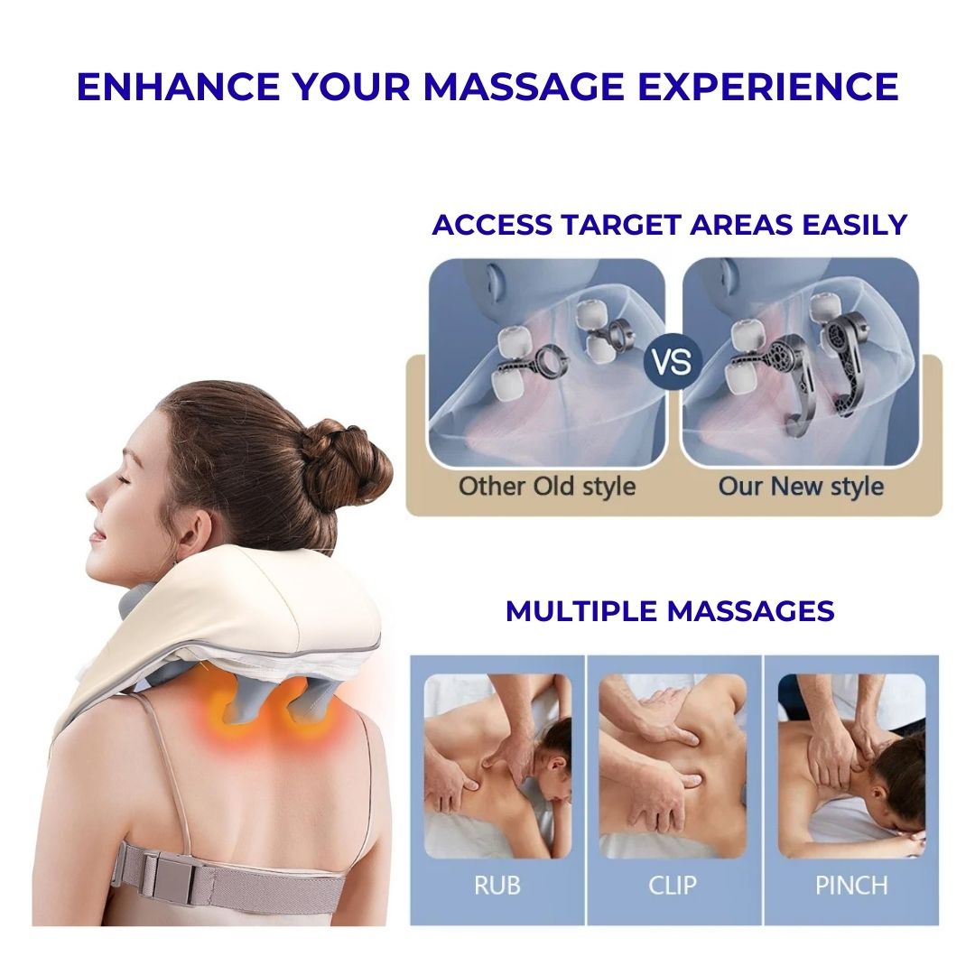 Woman using neck and shoulder massager with comparison of new roller design and massage styles