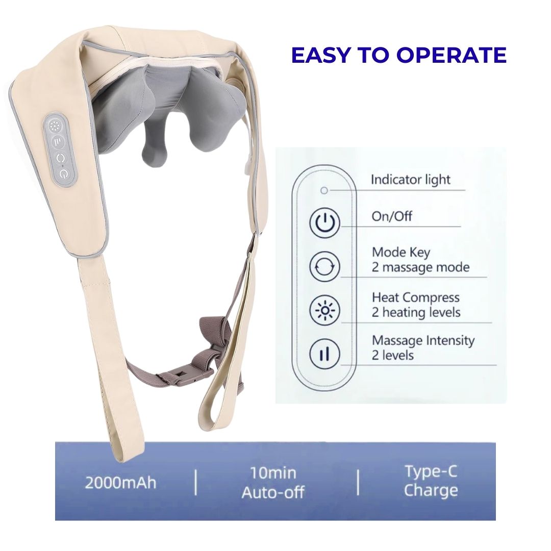 Neck and shoulder massager with labeled buttons for power, mode, heat, and intensity settings
