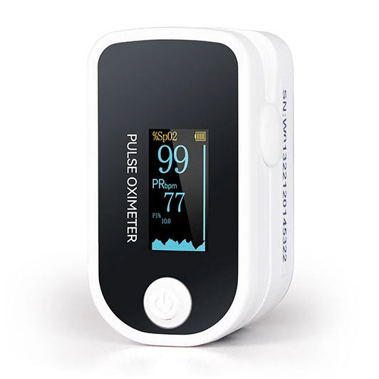 A digital MediWares Pulse Oximeter with a white casing displaying readings of blood oxygen saturation at 99% and pulse rate at 77 bpm on its screen against a white background.