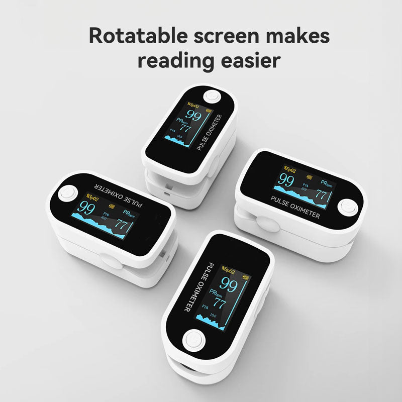 Four MediWares pulse oximeters displayed with their rotatable screens showing different angles and readings, highlighted with text "rotatable screen makes reading easier".