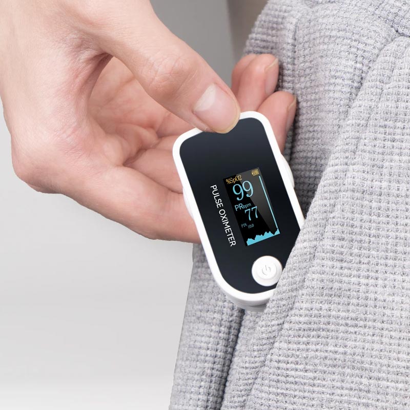 A close-up of a hand attaching a MediWares digital pulse oximeter to a person’s finger, with the device displaying blood oxygen levels and heart rate on its screen.