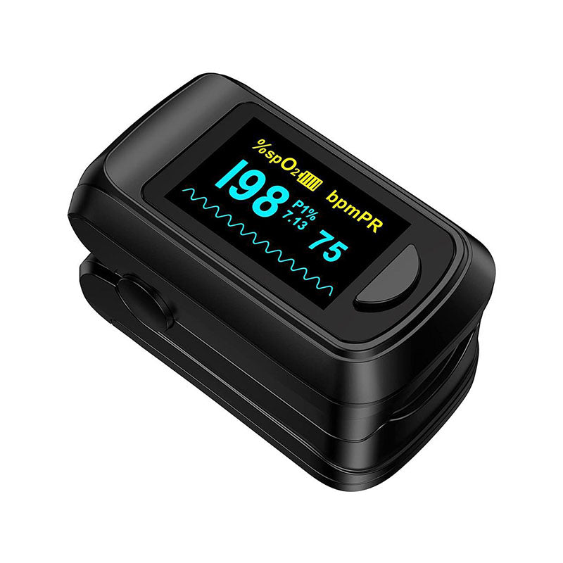 A MediWares digital fingertip pulse oximeter displayed with measurement readings for blood oxygen saturation (spo2), pulse rate (bpm), and perfusion index on its screen.