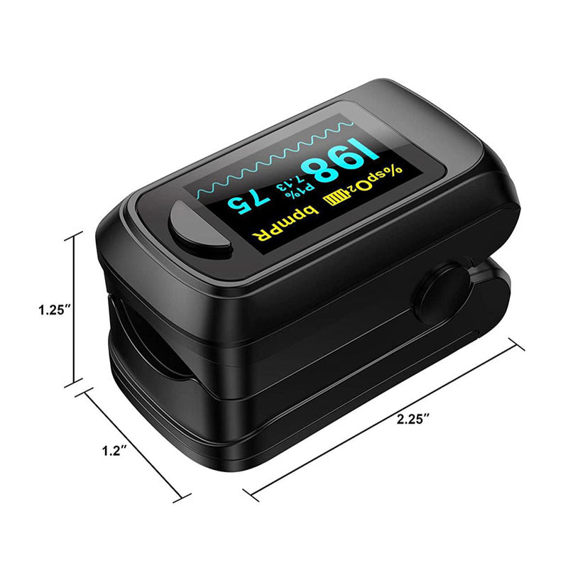 A black digital fingertip MediWares Smart Pulse Oximeter (Black) displaying SpO2 and pulse rate readings on an LED screen, with dimensions specified alongside the device.