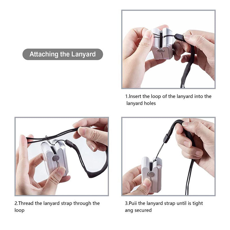 A four-part instructional image from MediWares showing a person attaching a lanyard to a device. The steps include inserting the lanyard loop into holes, threading the strap, and