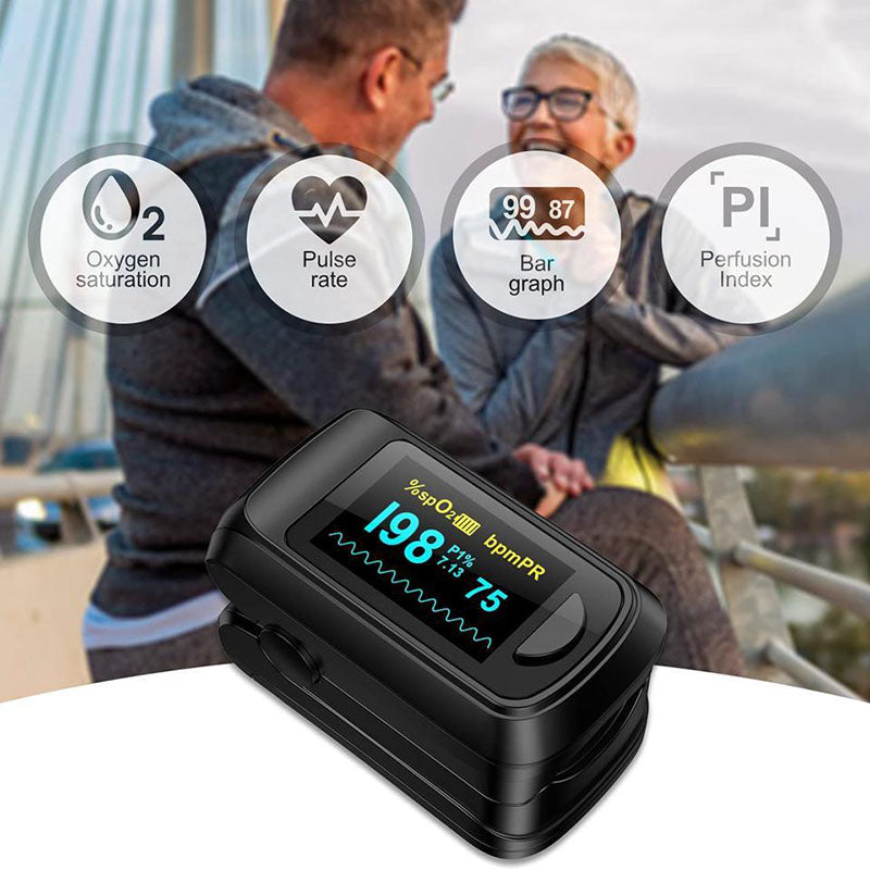 A MediWares portable pulse oximeter displaying oxygen saturation, pulse rate, and perfusion index readings. In the background, a senior woman and a middle-aged man are conversing outdoors.