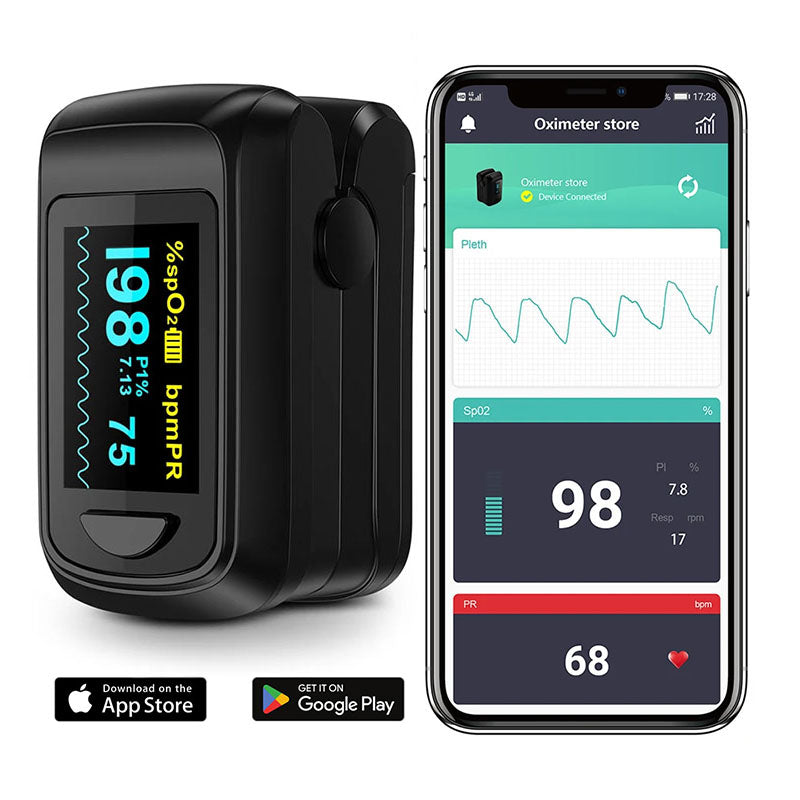 A digital MediWares Smart Pulse Oximeter (Black) beside a smartphone displays its corresponding health monitoring app with readouts for heart rate and SpO2 levels. The phone shows availability on both App Store and Google Play.