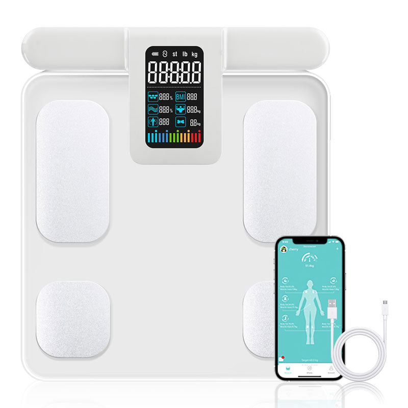 A MediWares smart digital body composition scale with a display showing various health metrics, accompanied by a smartphone displaying a related health app, and a charging cable.