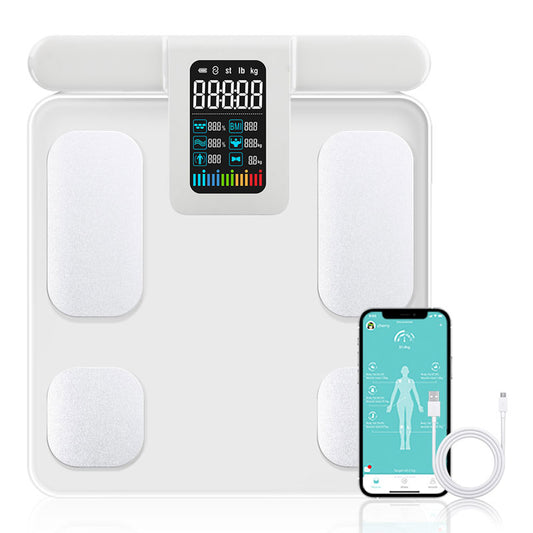 A MediWares smart digital body composition scale with a display showing various health metrics, accompanied by a smartphone displaying a related health app, and a charging cable.