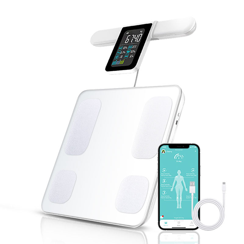 Smart body scale with a digital display and four sensors, paired with a smartphone showing the MediWares health app. The scale is white with a sleek, modern design.