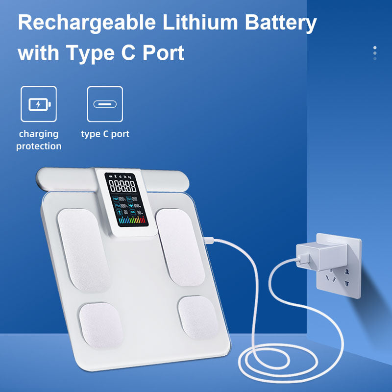 An illustration of a white, digital MediWares body weight scale with four pressure pads and an lcd display, indicating the scale is rechargeable via a type-c port, with an icon of the port